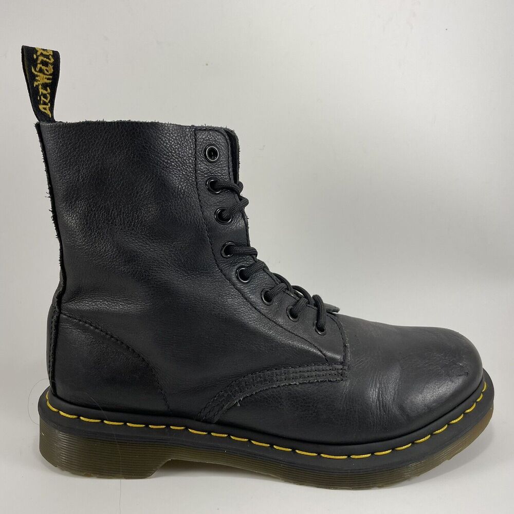 Dr. Martens, Black Leather Lace-Up Combat Boots with Yellow Stitching